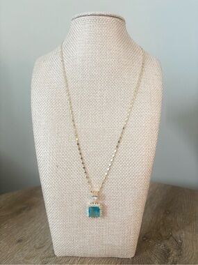 Gold Chain Necklace with Turquoise Square Pendant - Women Jewelry